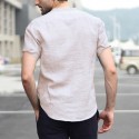 Men Linen Short Sleeve Shirt Beach Loose Soft Casual Collarless Shirt Top Blouse