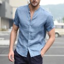 Men Linen Short Sleeve Shirt Beach Loose Soft Casual Collarless Shirt Top Blouse