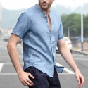 Men Linen Short Sleeve Shirt Beach Loose Soft Casual Collarless Shirt Top Blouse