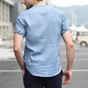 Men Linen Short Sleeve Shirt Beach Loose Soft Casual Collarless Shirt Top Blouse