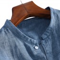 Men Linen Short Sleeve Shirt Beach Loose Soft Casual Collarless Shirt Top Blouse