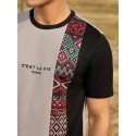 Mens Letter Ethnic Asymmetric Print Short Sleeve O Neck T-Shirts