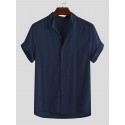 Men's Linen Short Sleeve Shirt Summer Beach Loose Casual Collarless Tops Holiday