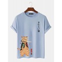 Mens Carp Warrior Cat Print Japanese Style Short Sleeve T-Shirts