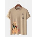 Mens Carp Warrior Cat Print Japanese Style Short Sleeve T-Shirts