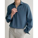 Men Loose Solid Color Long Sleeve Lapel Collar Shirt