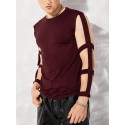 Men Solid Cut Out Long Sleeve Crew Neck T-Shirt
