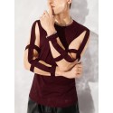 Men Solid Cut Out Long Sleeve Crew Neck T-Shirt