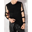 Men Solid Cut Out Long Sleeve Crew Neck T-Shirt