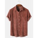 Mskufo Designed Mens Casual Corduroy Light Breathable Pocket Short Sleeve Shirts