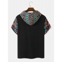 Mens Tribal Geometric Print Patchwork Double Pocket Short Sleeve Hooded T-Shirts