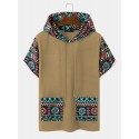Mens Tribal Geometric Print Patchwork Double Pocket Short Sleeve Hooded T-Shirts
