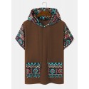 Mens Tribal Geometric Print Patchwork Double Pocket Short Sleeve Hooded T-Shirts