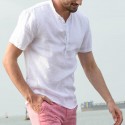 Men's Short Sleeve Collarless Neck T Shirts Beach Casual Cool Tops Blouse