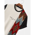 Mens Vintage Geometric Letter Pattern Patchwork Knitted Short Sleeve T-Shirts