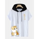 Mens Pizza Cat Japanese Print Short Sleeve Hooded T-Shirts