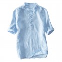 Mens Vintage Chinese Style Cotton Solid Color Stand Collar Casual Summer T Shirts