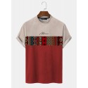 Mens Vintage Geometric Pattern Patchwork Mock Neck Short Sleeve T-Shirts
