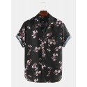 Mens Cherry Blossoms Floral Print Short Sleeve Casual Vacation Shirts