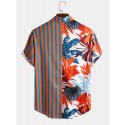 Mskufo Design Men Tropical Leaf Colorful Stripe Mixed Print Short Sleeve Casual Holiday Shirts