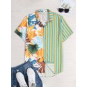 Mskufo Design Men Tropical Leaf Colorful Stripe Mixed Print Short Sleeve Casual Holiday Shirts