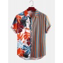 Mskufo Design Men Tropical Leaf Colorful Stripe Mixed Print Short Sleeve Casual Holiday Shirts