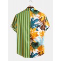 Mskufo Design Men Tropical Leaf Colorful Stripe Mixed Print Short Sleeve Casual Holiday Shirts