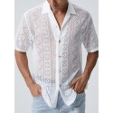 Mens Crochet Hollow Out Revere Collar Front Buttons Shirts