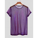 Men Shiny Shimmer Sheer Mesh See Through Short Sleeve T-Shirt