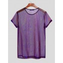 Men Shiny Shimmer Sheer Mesh See Through Short Sleeve T-Shirt