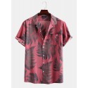 Pine Leaves Print Cotton Short Sleeve Relaxed Shirts