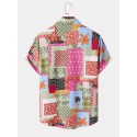 Mens Multicolor Plants Overlay Short Sleeve Buttons Up Shirts