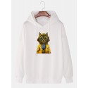 Mens Cute Cartoon Cat Print Drop Shoulder Long Sleeve Hoodies