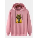 Mens Cute Cartoon Cat Print Drop Shoulder Long Sleeve Hoodies