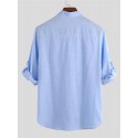 Mens Linen Casual Roll Sleeve Loose Buttons Pullover Henley Shirts
