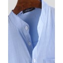 Mens Linen Casual Roll Sleeve Loose Buttons Pullover Henley Shirts