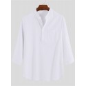 Mens Linen Casual Roll Sleeve Loose Buttons Pullover Henley Shirts