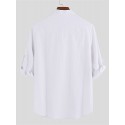 Mens Linen Casual Roll Sleeve Loose Buttons Pullover Henley Shirts