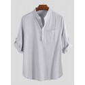 Mens Linen Casual Roll Sleeve Loose Buttons Pullover Henley Shirts