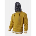 Mens Patchwork Casual Knitted Drawstring Plaid Hooded Sweater
