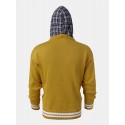 Mens Patchwork Casual Knitted Drawstring Plaid Hooded Sweater