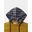 Mens Patchwork Casual Knitted Drawstring Plaid Hooded Sweater