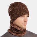 2 PCS Men Autumn Winter Warm Knitted Baotou Cap Scarf Plaid Pattern Outdoor Biking Ear Protection Windproof Beanie Skull Hat
