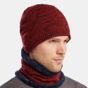 2 PCS Men Autumn Winter Warm Knitted Baotou Cap Scarf Plaid Pattern Outdoor Biking Ear Protection Windproof Beanie Skull Hat