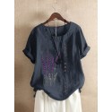Floral Embroidery O-neck Short Sleeve Button Vintage T-shirts For Women