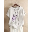 Floral Embroidery O-neck Short Sleeve Button Vintage T-shirts For Women