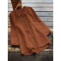 Women Cotton Solid Color High-Low聽Hem 3/4 Sleeve Button Casual Blouse