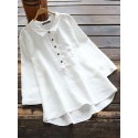 Women Cotton Solid Color High-Low聽Hem 3/4 Sleeve Button Casual Blouse