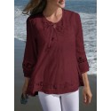 Solid Lace Splicing Knotted Hollow Out 3/4 Sleeve Blouse