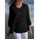 Solid Lace Splicing Knotted Hollow Out 3/4 Sleeve Blouse